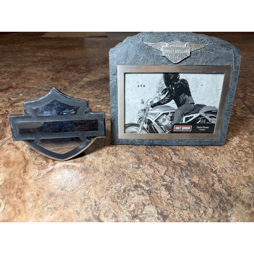 Harley Davidson Chrome Bar Shield Trailer Hitch Cover and 4x6 Slate Photo Frame